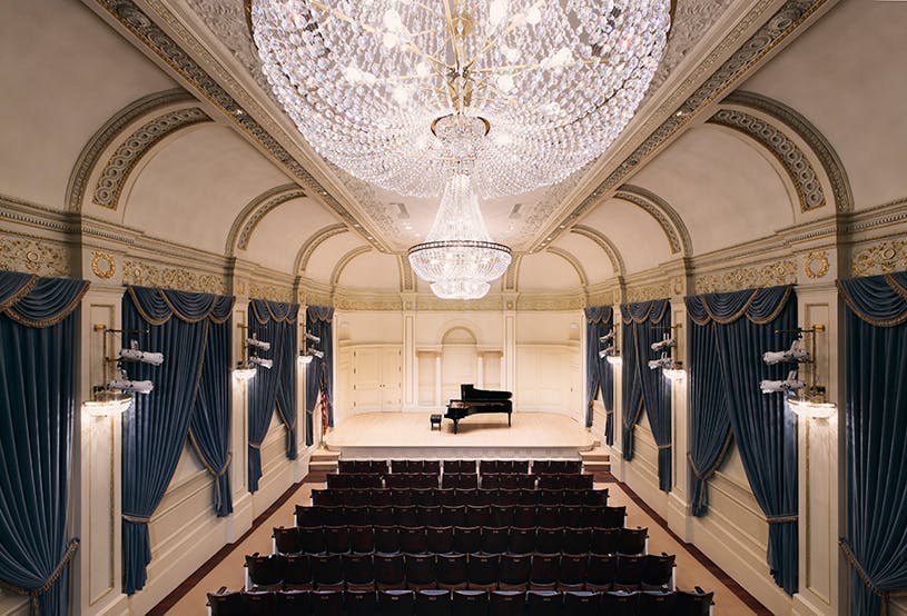 The stage and seating of Weill Recital Hall at Carnegie Hall